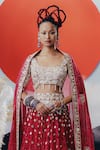 Krisha Sunny Ramani_Red Georgette Pearls, Mirrors, Cut Work Round Zardosi Embellished Lehenga Set _Online_at_Aza_Fashions