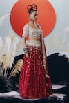 Shop_Krisha Sunny Ramani_Red Georgette Pearls, Mirrors, Cut Work Round Zardosi Embellished Lehenga Set _at_Aza_Fashions