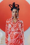 Shop_Krisha Sunny Ramani_Red Crepe Sequins, Beads, Mirrors Collared Shirt And Skirt Set _at_Aza_Fashions