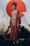 Buy_Krisha Sunny Ramani_Brown Crepe, Georgette Sequins, Beads Round Neck Kaftan And Pant Set _at_Aza_Fashions