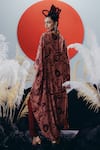 Shop_Krisha Sunny Ramani_Brown Crepe, Georgette Sequins, Beads Round Neck Kaftan And Pant Set _at_Aza_Fashions