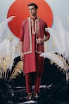 Buy_Krisha Sunny Ramani_Maroon Crepe, Cotton, Silk Zari, Embroidery Zardosi Nehru Jacket Set _at_Aza_Fashions
