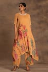 Preeti Mehta_Yellow Georgette, Viscose Embroidery Round Neck Marigold Muse Kurta And Pant Set _Online_at_Aza_Fashions