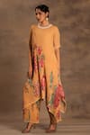 Preeti Mehta_Yellow Georgette, Viscose Embroidery Round Neck Marigold Muse Kurta And Pant Set _at_Aza_Fashions