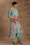 Shop_Preeti Mehta_Blue Georgette, Viscose Embroidery Round Vintage Fern And Flore Kurta Pant Set _Online_at_Aza_Fashions