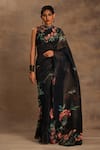 Buy_Preeti Mehta_Black Silk, Chiffon Embroidery Round Forest Flora Pre-draped Saree With Blouse _at_Aza_Fashions