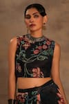 Buy_Preeti Mehta_Black Silk, Chiffon Embroidery Round Forest Flora Pre-draped Saree With Blouse _Online_at_Aza_Fashions