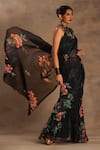 Preeti Mehta_Black Silk, Chiffon Embroidery Round Forest Flora Pre-draped Saree With Blouse _at_Aza_Fashions
