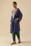 Begum_Blue Silk Mirrors, Embroidery Notched Neck Parizad Kurta Pant Set _Online_at_Aza_Fashions