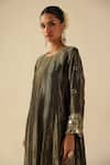 Buy_Begum_Olive Green Silk, Organza Mirrors, Beads Round Neck Afsana Kalidar Kurta Set _Online_at_Aza_Fashions