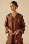 Shop_Begum_Brown Silk, Organza Embroidery, Sequins V-neck Kohinoor Kurta Pant Set _Online_at_Aza_Fashions