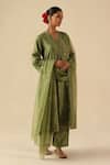 Begum_Green Silk, Hemp, Organza Embroidery, Sequins V-neck Kohinoor Kurta Pant Set _Online_at_Aza_Fashions