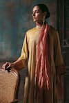 Buy_Begum_Gold Silk Round Neck Gauhar Kurta Pant Set _Online_at_Aza_Fashions