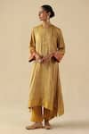 Shop_Begum_Gold Silk Round Neck Gauhar Kurta Pant Set _Online_at_Aza_Fashions