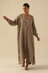 Buy_Begum_Gold Silk Sequins V-neck Saaz Phiran Kurta With Pant _at_Aza_Fashions