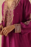 Shop_Begum_Magenta Silk Sequins, Embroidery V-neck Saaz Phiran Kurta With Pant _Online_at_Aza_Fashions