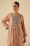 Shop_Begum_Peach Silk, Organza Mirrors, Sequins Round Neck Naksh Kurta Pant Set _Online_at_Aza_Fashions