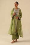 Shop_Begum_Green Silk, Organza Round Neck Naksh Kurta Pant Set _Online_at_Aza_Fashions