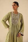 Begum_Green Silk, Organza Round Neck Naksh Kurta Pant Set _at_Aza_Fashions