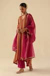 Begum_Red Tissue, Silk, Organza Embroidery V-neck Jhoomar Kurta Pant Set _Online_at_Aza_Fashions