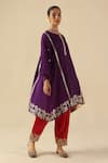 Shop_Begum_Purple Silk, Organza Sequins, Embroidery Split V-neck Arzoo Kurta Pant Set _Online_at_Aza_Fashions