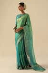 Begum_Turquoise Organza, Tissue, Silk Beads Round Neck Taj Gul Saree With Blouse _Online_at_Aza_Fashions