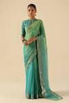Buy_Begum_Turquoise Organza, Tissue, Silk Beads Round Neck Taj Gul Saree With Blouse _at_Aza_Fashions
