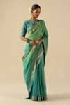 Shop_Begum_Turquoise Organza, Tissue, Silk Beads Round Neck Taj Gul Saree With Blouse _Online_at_Aza_Fashions