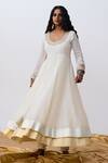 Buy_Pants And Pajamas_White Cotton Embroidery Round Neck Anarkali Set _at_Aza_Fashions