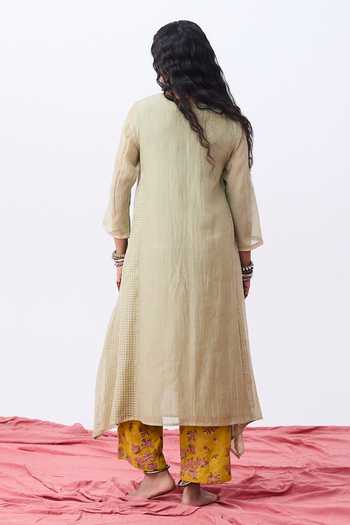 Shop_Pants And Pajamas_Green Chanderi Embroidery Round Neck Kurta Set _at_Aza_Fashions
