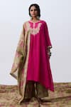 Buy_Pants And Pajamas_Pink Chanderi Embroidery Round Neck Kurta _at_Aza_Fashions