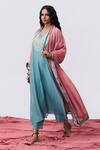 Buy_Pants And Pajamas_Blue Cotton, Satin, Chanderi Embroidery Round Neck Designer Silk Kurta Set _at_Aza_Fashions