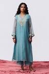 Pants And Pajamas_Blue Cotton, Satin, Chanderi Embroidery Round Neck Designer Silk Kurta Set _Online_at_Aza_Fashions