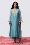Buy_Pants And Pajamas_Blue Cotton, Silk Embroidery Round Neck Kurta And Pant Set _at_Aza_Fashions