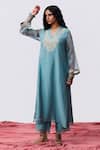 Buy_Pants And Pajamas_Blue Cotton, Silk Embroidery Round Neck Kurta And Pant Set _Online_at_Aza_Fashions