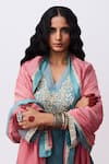 Pants And Pajamas_Blue Cotton, Silk Embroidery Round Neck Kurta And Pant Set _at_Aza_Fashions