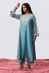 Pants And Pajamas_Blue Chanderi Embroidery V-neck Designer Kurta _Online_at_Aza_Fashions