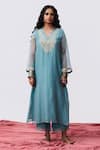 Buy_Pants And Pajamas_Blue Chanderi Embroidery V-neck Designer Kurta _at_Aza_Fashions