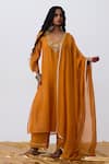 Buy Pants And Pajamas Orange Cotton, Silk, Chanderi Embroidery V-neck Kurta Pant Set at Aza Fashions Buy_Pants And Pajamas_Orange Cotton, Silk, Chanderi Embroidery V-neck Kurta Pant Set _at_Aza_Fashions