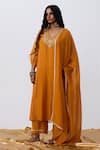 Buy Pants And Pajamas Orange Cotton, Silk, Chanderi Embroidery V-neck Kurta Pant Set Online at Aza Fashions Buy_Pants And Pajamas_Orange Cotton, Silk, Chanderi Embroidery V-neck Kurta Pant Set _Online_at_Aza_Fashions