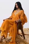 Pants And Pajamas Orange Cotton, Silk, Chanderi Embroidery V-neck Kurta Pant Set at Aza Fashions Pants And Pajamas_Orange Cotton, Silk, Chanderi Embroidery V-neck Kurta Pant Set _at_Aza_Fashions