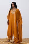 Buy Pants And Pajamas Orange Chanderi Embroidery V-neck Kurta at Aza Fashions Buy_Pants And Pajamas_Orange Chanderi Embroidery V-neck Kurta _at_Aza_Fashions