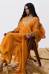 Shop Pants And Pajamas Orange Chanderi Embroidery V-neck Kurta Online at Aza Fashions Shop_Pants And Pajamas_Orange Chanderi Embroidery V-neck Kurta _Online_at_Aza_Fashions