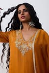 Pants And Pajamas Orange Chanderi Embroidery V-neck Kurta at Aza Fashions Pants And Pajamas_Orange Chanderi Embroidery V-neck Kurta _at_Aza_Fashions