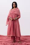 Buy_Pants And Pajamas_Pink Cotton, Silk, Chanderi Embroidery V-neck Kurta Pant Set _at_Aza_Fashions