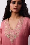 Pants And Pajamas_Pink Cotton, Silk, Chanderi Embroidery V-neck Kurta Pant Set _at_Aza_Fashions