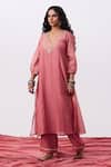 Buy_Pants And Pajamas_Pink Cotton, Silk Embroidery V-neck Kurta And Pant Set _at_Aza_Fashions