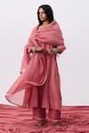 Shop_Pants And Pajamas_Pink Cotton, Silk Embroidery V-neck Kurta And Pant Set _Online_at_Aza_Fashions