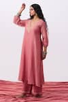 Buy_Pants And Pajamas_Pink Chanderi Embroidery V-neck Kurta _at_Aza_Fashions