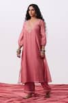 Pants And Pajamas_Pink Chanderi Embroidery V-neck Kurta _Online_at_Aza_Fashions